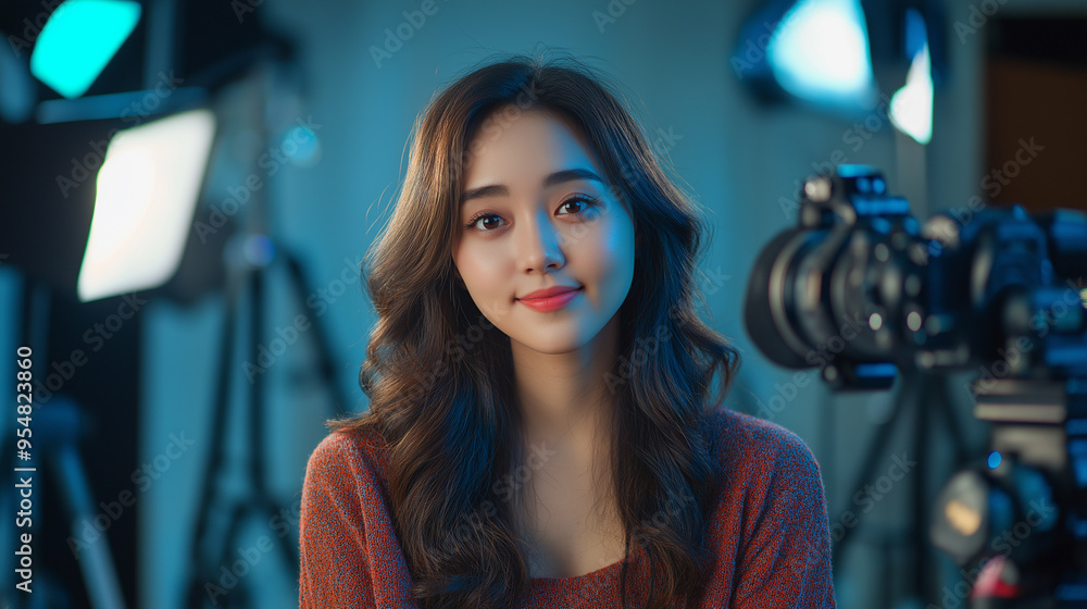 content creator with professional camera and lighting set up recording video content creator with professional camera and lighting set up recording video
