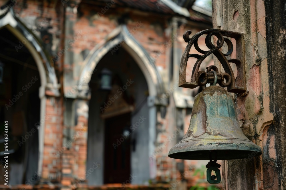 Fototapeta premium Church Bell. Vintage Bronze Bell Ringing in Old Christian Church Tower