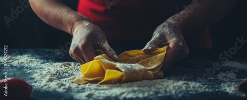 Preparing pasta dough, Participating in a cooking class atmosphere, and a vibrant, lively color scheme