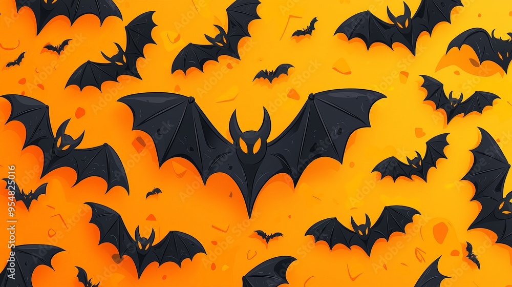 An immersive scene featuring numerous black bats flying dynamically against a rich, orange background filled with small, scattered shapes accentuating the motion. An immersive scene featuring numerous black bats flying dynamically against a rich, orange background filled with small, scattered shapes accentuating the motion.