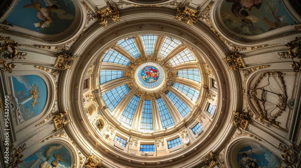 Obraz premium Classical Architecture. Renaissance Dome Ceiling with Stained Glass in Blue Sky View