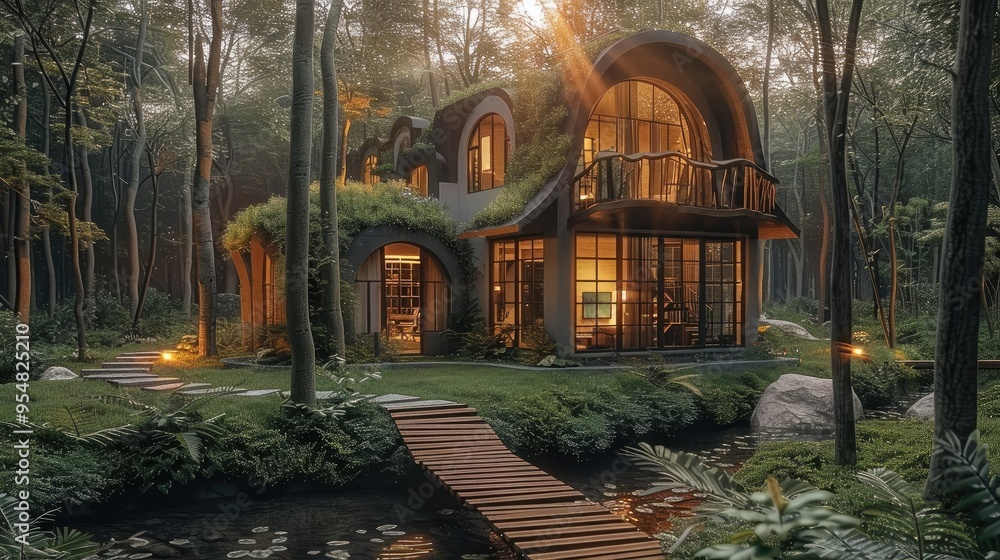 Fototapeta premium Forest Cottage Villa. Generative AI.
