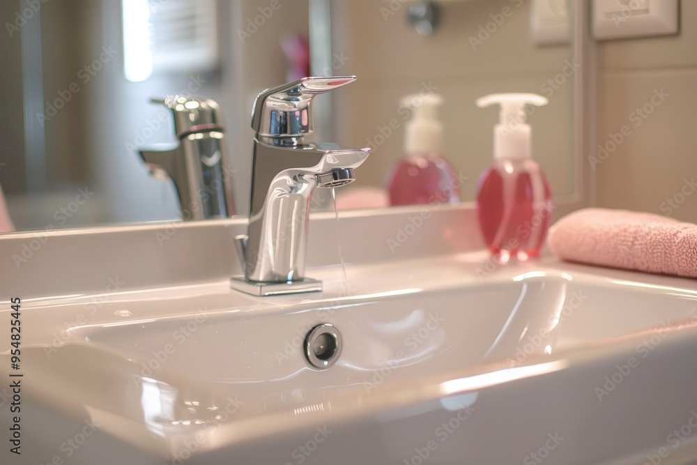 Cleaning Bathroom Sink. House Chores: Maid Cleaning the Bathroom with Detergent Cleaning Bathroom Sink. House Chores: Maid Cleaning the Bathroom with Detergent