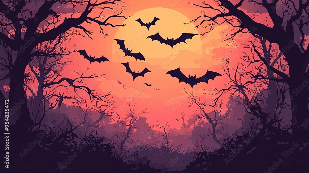 Bats fly across a moonlit sky, framed by bare trees, creating a haunting and eerie scene that captures the essence of Halloween night in an artistic manner. Bats fly across a moonlit sky, framed by bare trees, creating a haunting and eerie scene that captures the essence of Halloween night in an artistic manner.