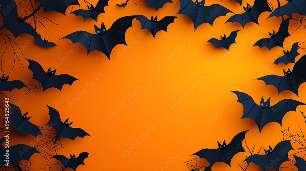 This image shows numerous bats surrounding an orange background, forming a frame that exudes a Halloween atmosphere with playful and spooky elements, perfect for festive decorations. This image shows numerous bats surrounding an orange background, forming a frame that exudes a Halloween atmosphere with playful and spooky elements, perfect for festive decorations.