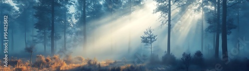 Mystic Forest Sunrise Illustration - Sunlight Beams Through Foggy Trees