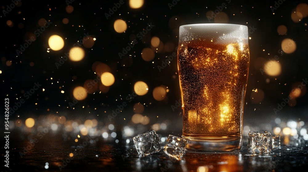 3D Rendering of a Glass of Beer with Ice Cubes and Bokeh Effect - Golden Light on a Black Background. AI generated illustration 3D Rendering of a Glass of Beer with Ice Cubes and Bokeh Effect - Golden Light on a Black Background. AI generated illustration
