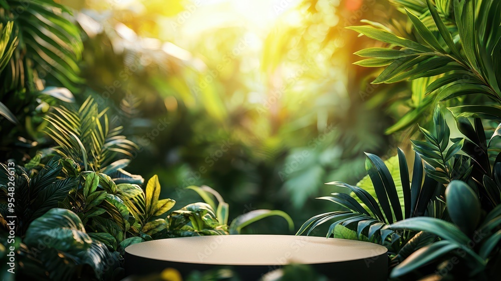 Tropical Podium Backdrop Amid Lush Rainforest Foliage for Nature Inspired Product Display Tropical Podium Backdrop Amid Lush Rainforest Foliage for Nature Inspired Product Display