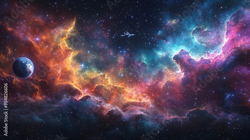 Vibrant Nebula with Planets Space craft and Dynamic Celestial Elements in Captivating Outer Space Scene