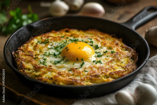 A delicious rösti topped with a fried egg served in a frying pan