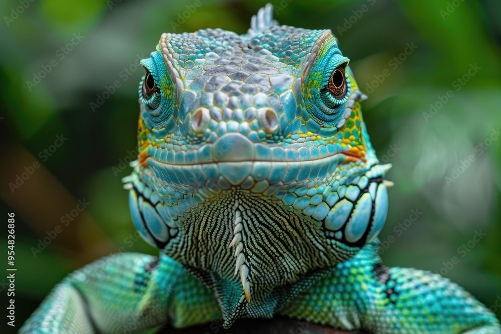 Fototapeta premium Close-Up of a Vibrant Blue and Green Iguana in Lush Jungle Setting