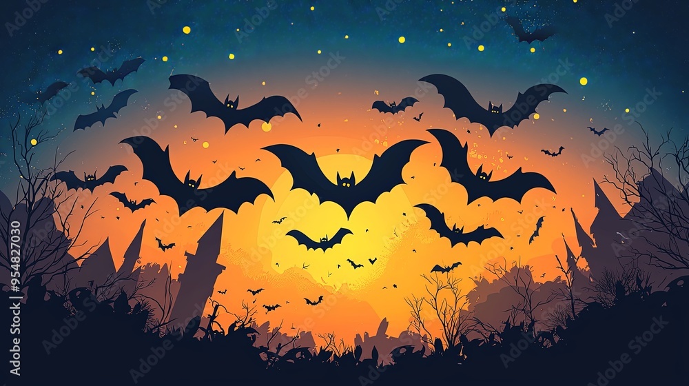Silhouetted bats flying against a warmly glowing orange twilight sky, creating a balance between eerie and beautiful with detailed backgrounds of nature. Silhouetted bats flying against a warmly glowing orange twilight sky, creating a balance between eerie and beautiful with detailed backgrounds of nature.