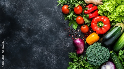 Vegetables and herbs arranged on a dark background