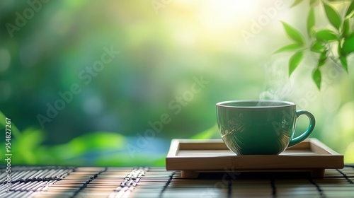 Serene Moment of Relaxation with Green Tea in a Porcelain Cup and Zen Garden Backdrop. AI generated illustration