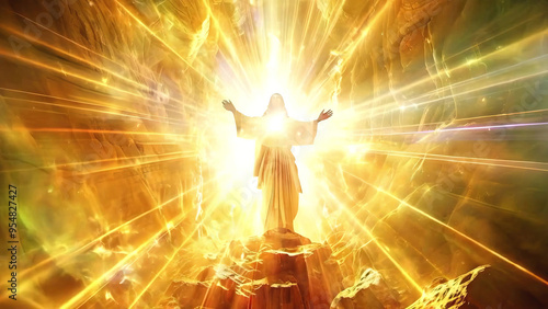 Resurrection of Jesus Christ art depicted in a powerful and divine scene, symbolizing eternal life and hope, new beautiful stock image illustration AI