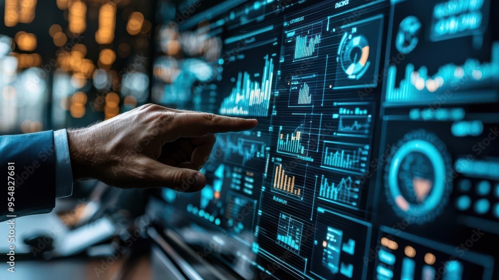 Businessman Utilizing Virtual Screen Graphics for Business Growth and Planning Businessman Utilizing Virtual Screen Graphics for Business Growth and Planning