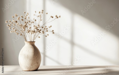 dried autumn grasses and flowers in a simple ceramic vase on a light wooden table, soft natural light from a nearby window