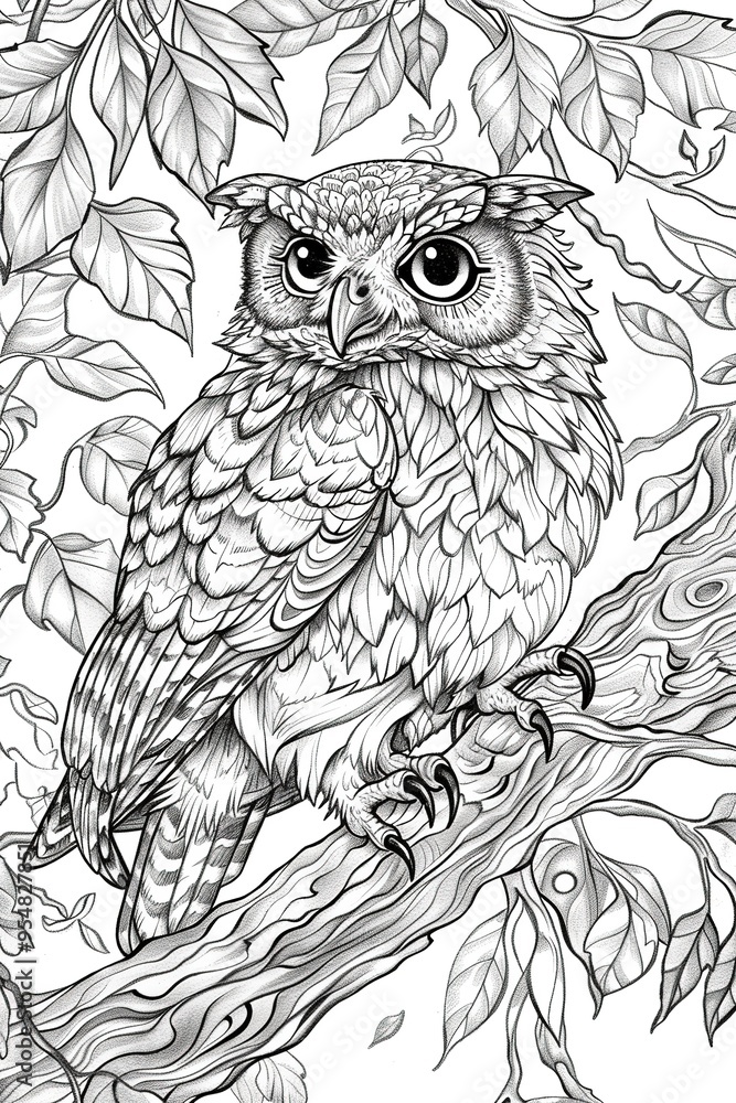 Detailed owl perched on a tree branch surrounded by leaves in a forest setting Detailed owl perched on a tree branch surrounded by leaves in a forest setting
