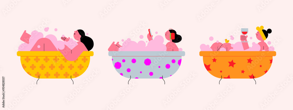 Set of a happy woman taking a bath. Trendy vector illustration. Set of a happy woman taking a bath. Trendy vector illustration.