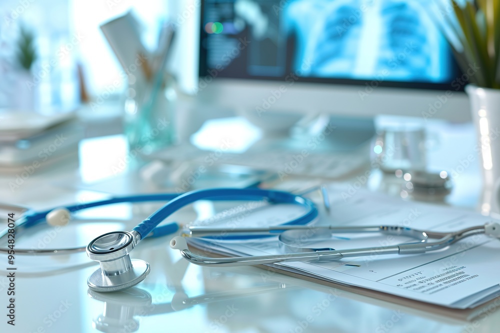Stethoscope and medical documents on a desk with x-ray image on computer screen in background Stethoscope and medical documents on a desk with x-ray image on computer screen in background