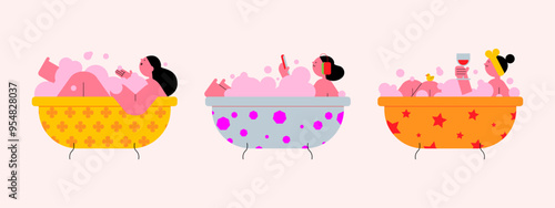 Set of a happy woman taking a bath. Trendy vector illustration.