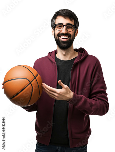 Man in red hoodie holding basketball isolated on transparent background


 photo