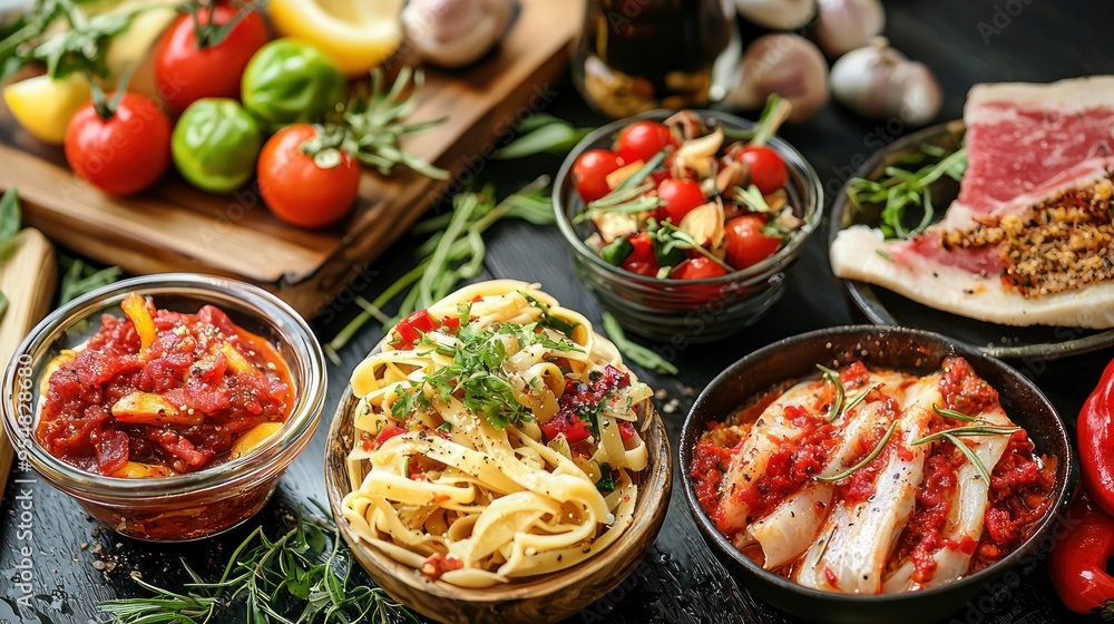 Natural food (various cuisines) Different food cooked on a wooden table Food backgrounds: table filled with large variety of food Natural food (various cuisines) Different food cooked on a wooden table Food backgrounds: table filled with large variety of food