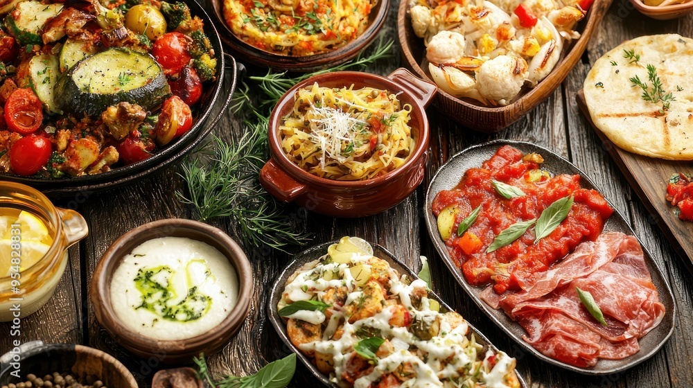 Natural food (various cuisines) Different food cooked on a wooden table Food backgrounds: table filled with large variety of food
Table top of food spread on table. Natural food (various cuisines) Different food cooked on a wooden table Food backgrounds: table filled with large variety of food
Table top of food spread on table.