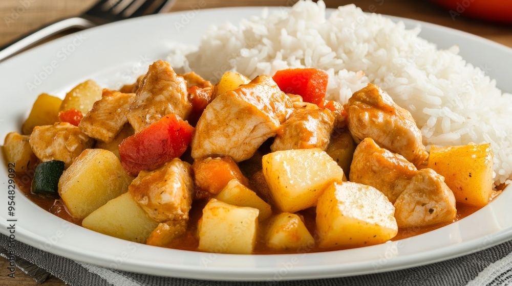 Sautéed chicken and vegetables are served over rice, potatoes, and bread. Sautéed chicken and vegetables are served over rice, potatoes, and bread.