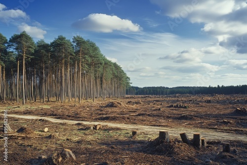 Forest Deforestation Under Clear Blue Sky with Tree Stumps and Logging Remnants photo