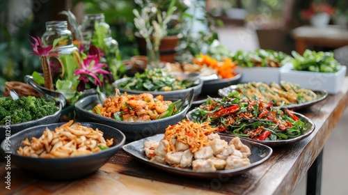 Natural food (various cuisines) Different food cooked on a wooden table Food backgrounds: table filled with large variety of food 