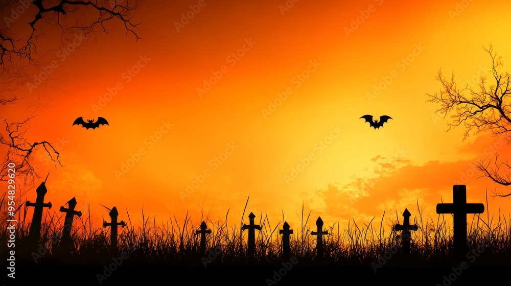A spooky graveyard silhouette against a vibrant orange sunset, featuring bats and crosses, perfect for Halloween themes.