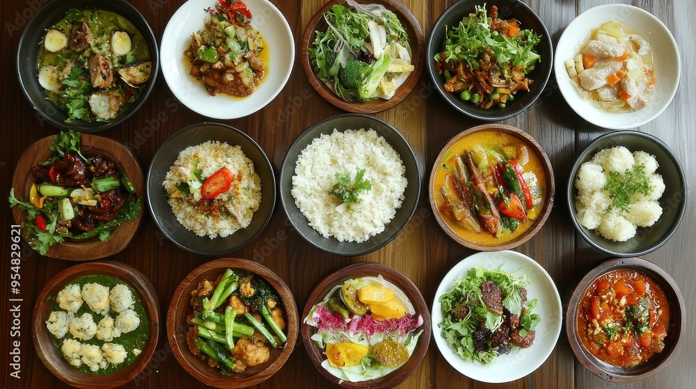 Natural food (various cuisines) Different food cooked on a wooden table Food backgrounds: table filled with large variety of food
Table top of food spread on table. Natural food (various cuisines) Different food cooked on a wooden table Food backgrounds: table filled with large variety of food
Table top of food spread on table.
