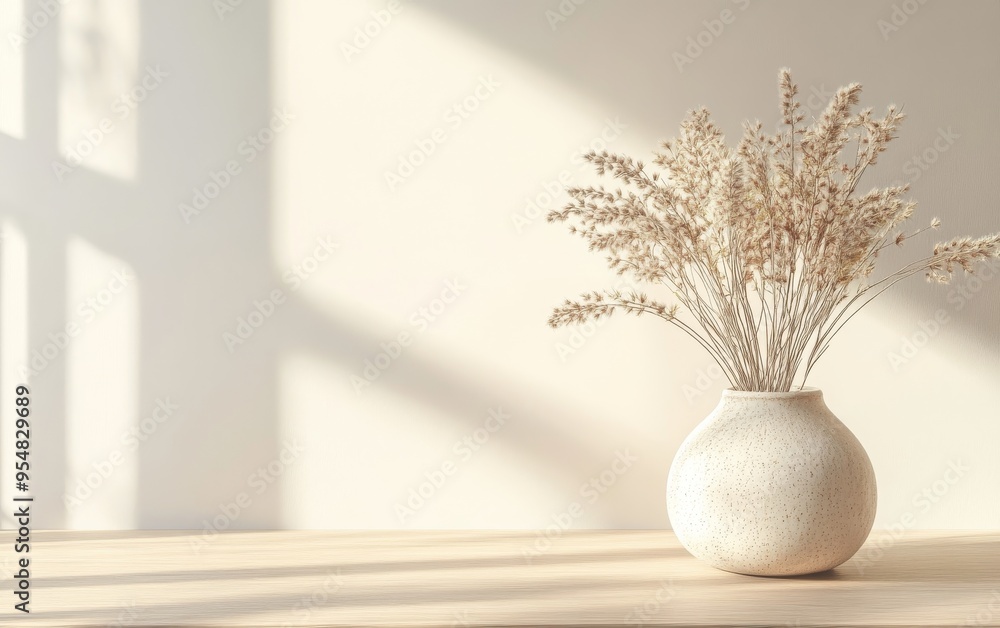 dried autumn grasses and flowers in a simple ceramic vase on a light wooden table, soft natural light from a nearby window dried autumn grasses and flowers in a simple ceramic vase on a light wooden table, soft natural light from a nearby window