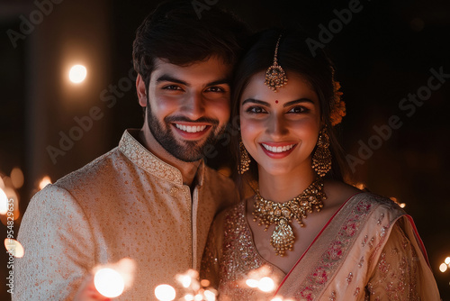 Indian couple holding sparkles on diwali photo