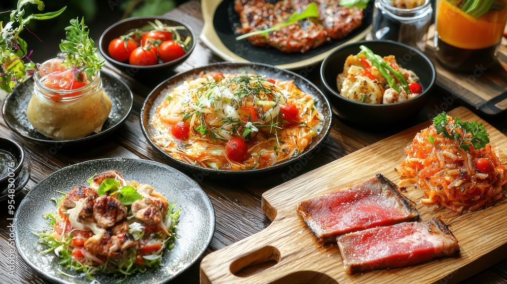 Natural food (various cuisines) Different food cooked on a wooden table Food backgrounds: table filled with large variety of food
Table top of food spread on table. Natural food (various cuisines) Different food cooked on a wooden table Food backgrounds: table filled with large variety of food
Table top of food spread on table.