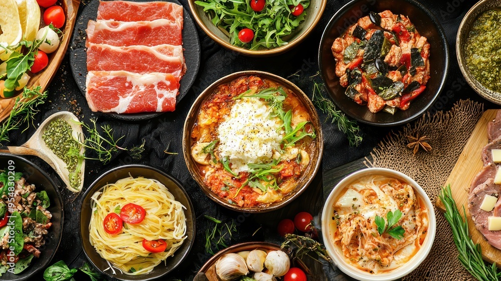Natural food (various cuisines) Different food cooked on a wooden table Food backgrounds: table filled with large variety of food
Table top of food spread on table. Natural food (various cuisines) Different food cooked on a wooden table Food backgrounds: table filled with large variety of food
Table top of food spread on table.