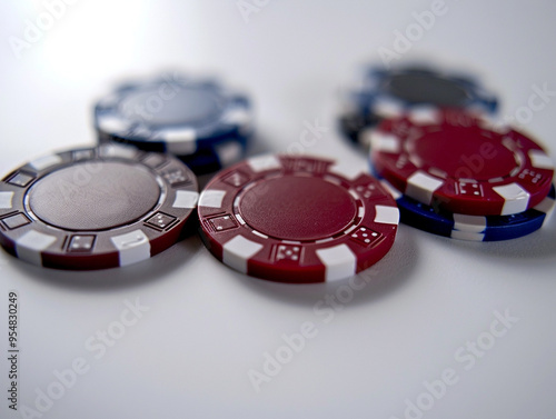 Realistic portrait of some poker chips, in a natural daylight with white background