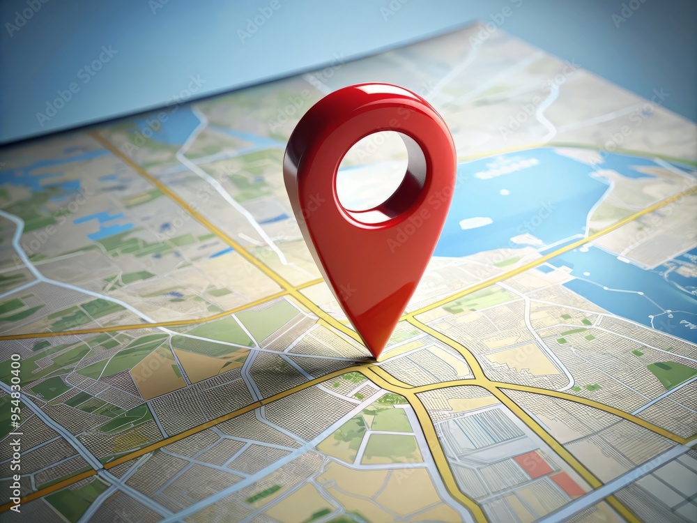 On a sea of gray, a tiny red pin shines brightly, a precise marker on the surface of On a sea of gray, a tiny red pin shines brightly, a precise marker on the surface of