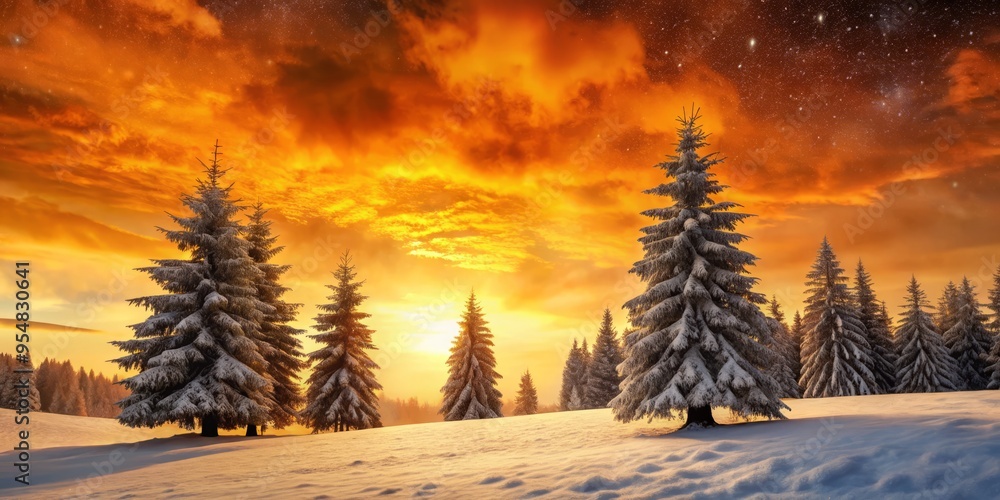 Snow-covered trees silhouetted against a fiery orange sky with a detailed and realistic texture Snow-covered trees silhouetted against a fiery orange sky with a detailed and realistic texture