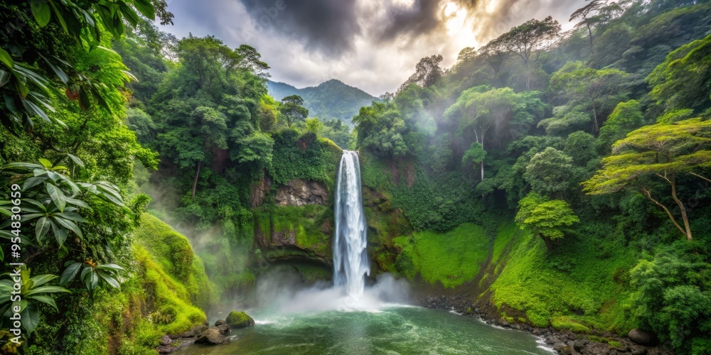 Fototapeta premium La Fortuna Waterfall after the rain lies shrouded in mist, with the water's gentle flow creating a soothing melody, amidst the lush tropical landscape.
