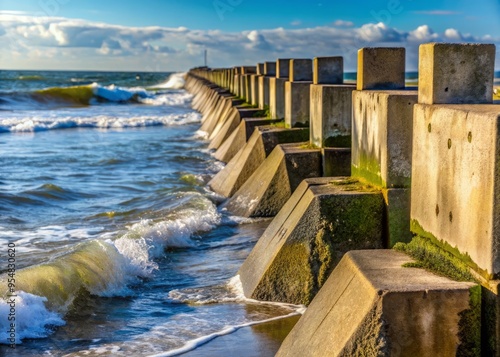 Coastal erosion sea defenses reinforced with concrete blocks and steel walls, a close-up shot with a shallow depth of field to highlight the textures and rough edges.