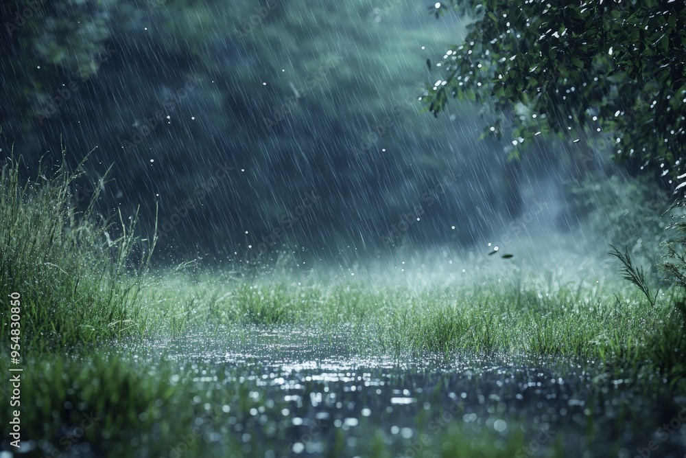 Heavy Rainfall in a Lush Green Forest During a Calm Summer Day Heavy Rainfall in a Lush Green Forest During a Calm Summer Day