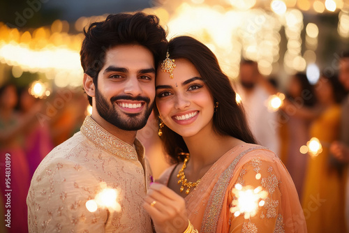 Indian couple holding sparkles on diwali photo