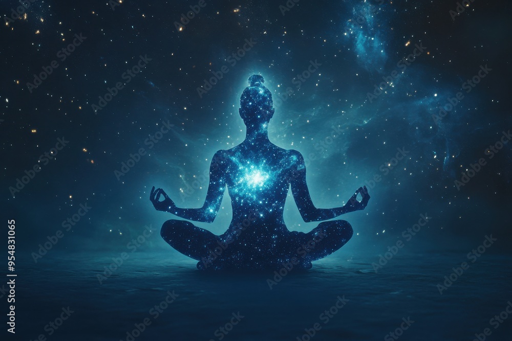 A mystical and serene image showing a silhouette of a person meditating, with a starry galaxy A mystical and serene image showing a silhouette of a person meditating, with a starry galaxy