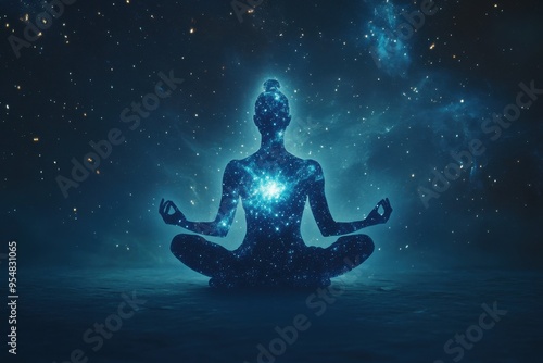 A mystical and serene image showing a silhouette of a person meditating, with a starry galaxy