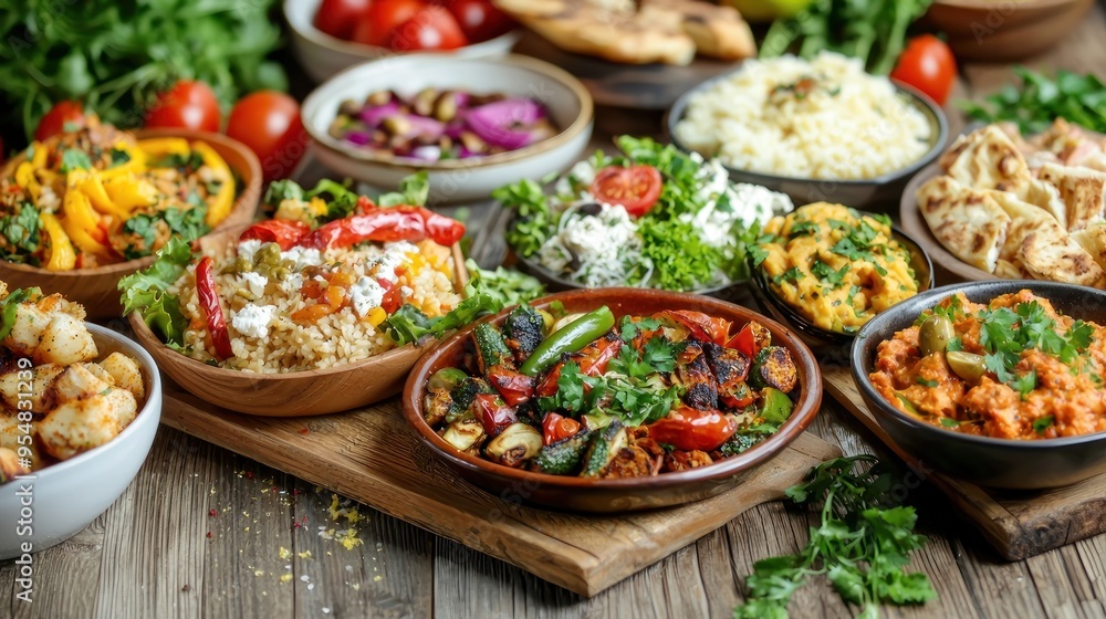 Natural food (various cuisines) Different food cooked on a wooden table Food backgrounds: table filled with large variety of food
Table top of food spread on table. Natural food (various cuisines) Different food cooked on a wooden table Food backgrounds: table filled with large variety of food
Table top of food spread on table.