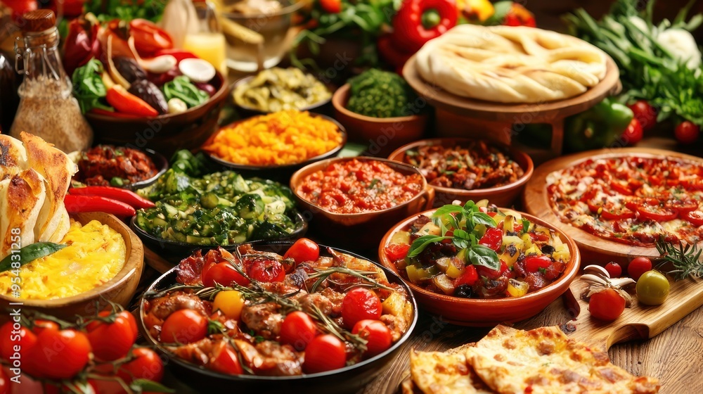 Natural food (various cuisines) Different food cooked on a wooden table Food backgrounds: table filled with large variety of food
Table top of food spread on table. Natural food (various cuisines) Different food cooked on a wooden table Food backgrounds: table filled with large variety of food
Table top of food spread on table.
