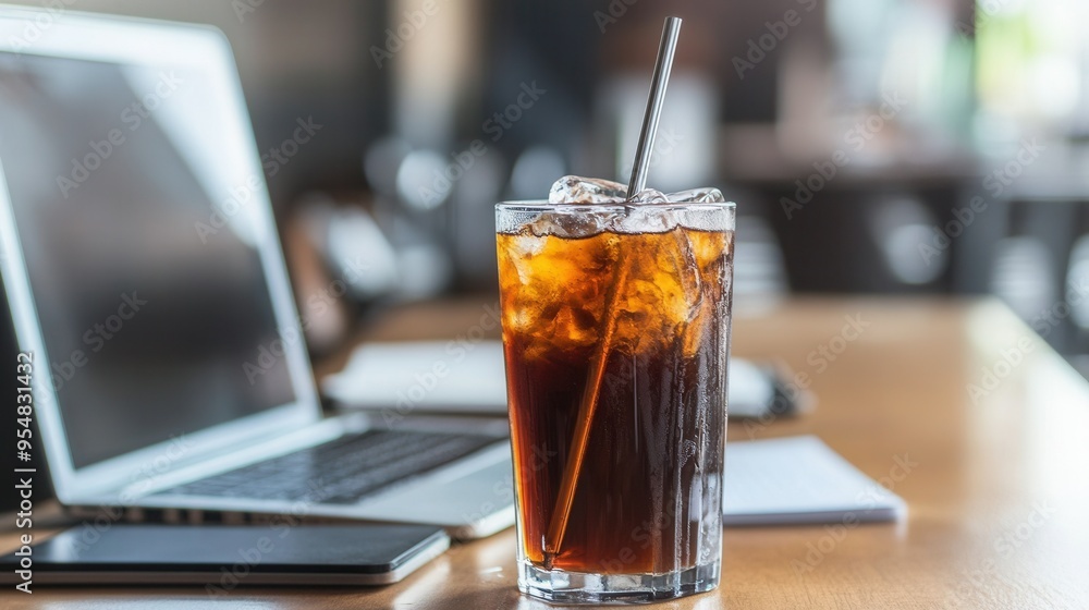 Cold Brew Coffee with Metal Straw on a Modern Office Desk with Laptop and Notebooks - Refreshing Workday Scene. AI generated illustration Cold Brew Coffee with Metal Straw on a Modern Office Desk with Laptop and Notebooks - Refreshing Workday Scene. AI generated illustration