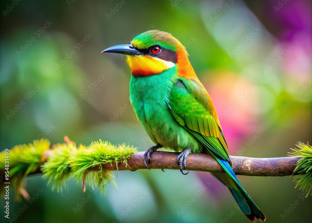 Perched on a branch, this luminous green avian surveys its surroundings with rapt attention, its feathers sporting Perched on a branch, this luminous green avian surveys its surroundings with rapt attention, its feathers sporting
